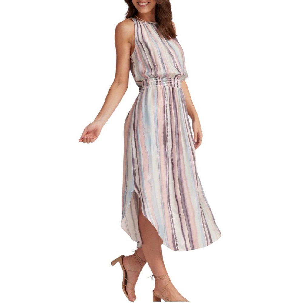 Bella Dahl Sleeveless Smocked Waist Midi Dress Coastal Stripe Print Size M